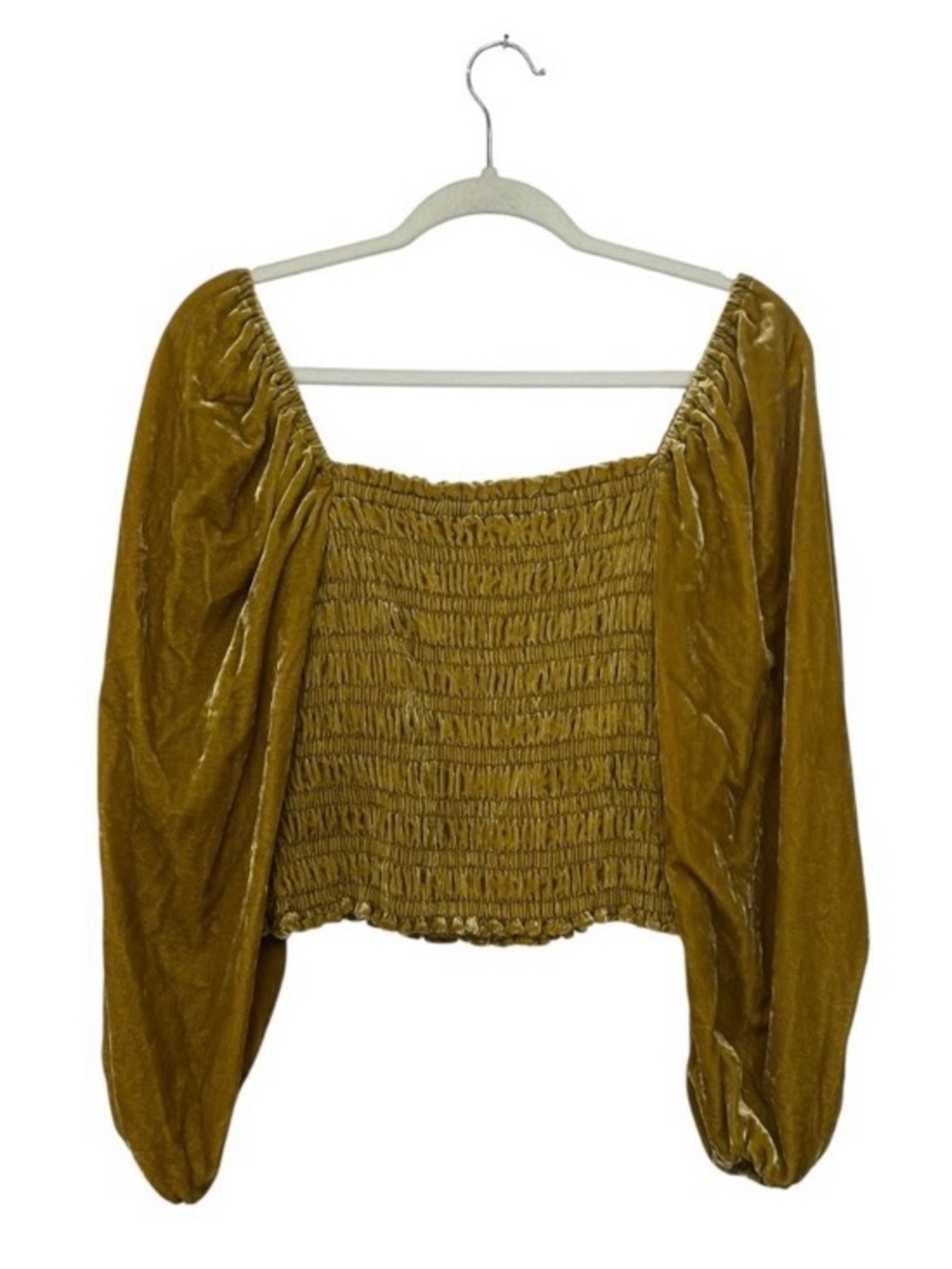 Anthropologie Gold Smocked Body Square Neck Puff Sleeved Velvet Blouse XS - Picture 6 of 11